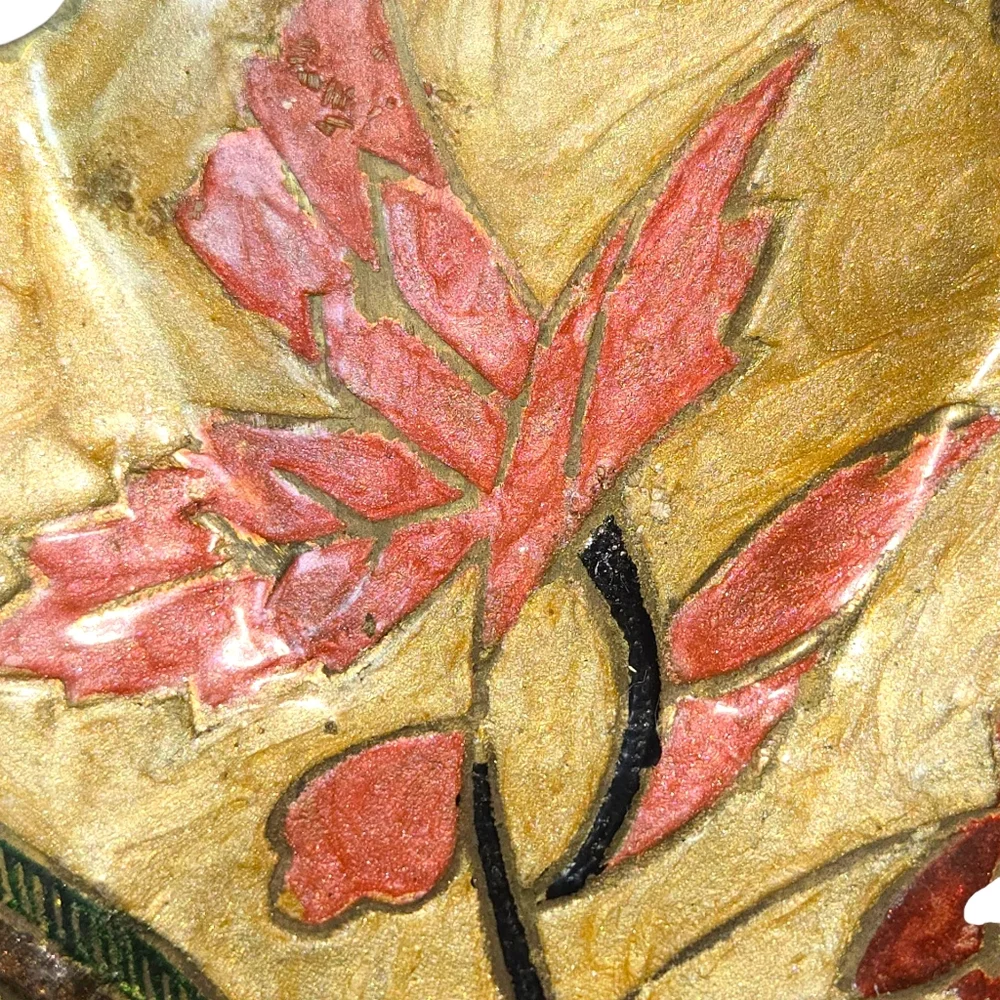 Vintage India‎ Made Floral Enamel On Brass Leaf Shaped Bowl Dish 8.5